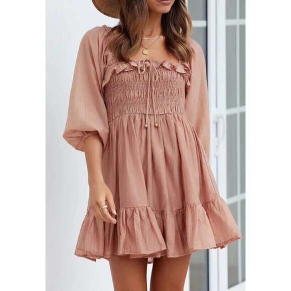Indikah Smocked Ruffle Mini Dress Flowy Tiered Size Large Fall Mocha Brown NEW - Picture 1 of 11